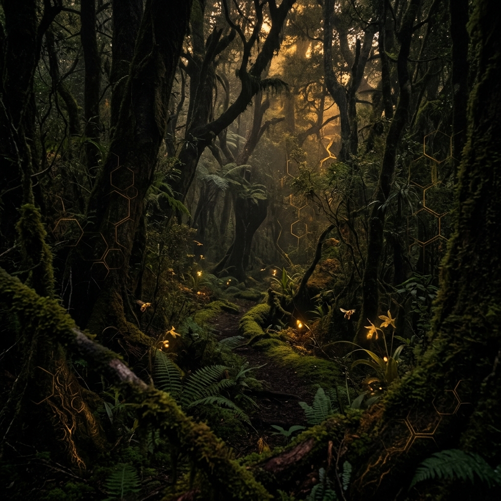 Bosque nativo con musgo y helechos, ilustración de zona de pecoreo